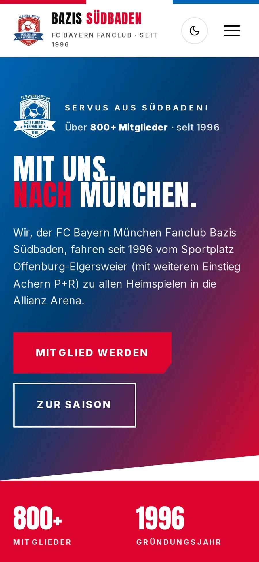 FC Bayern Fanclub Bazis Südbaden, Ausschnitt der Website: Startseite auf dem Handy
