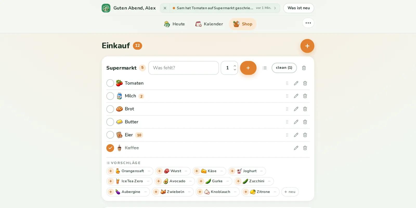 Family-App, Ausschnitt der Website: Einkauf nach Geschäft