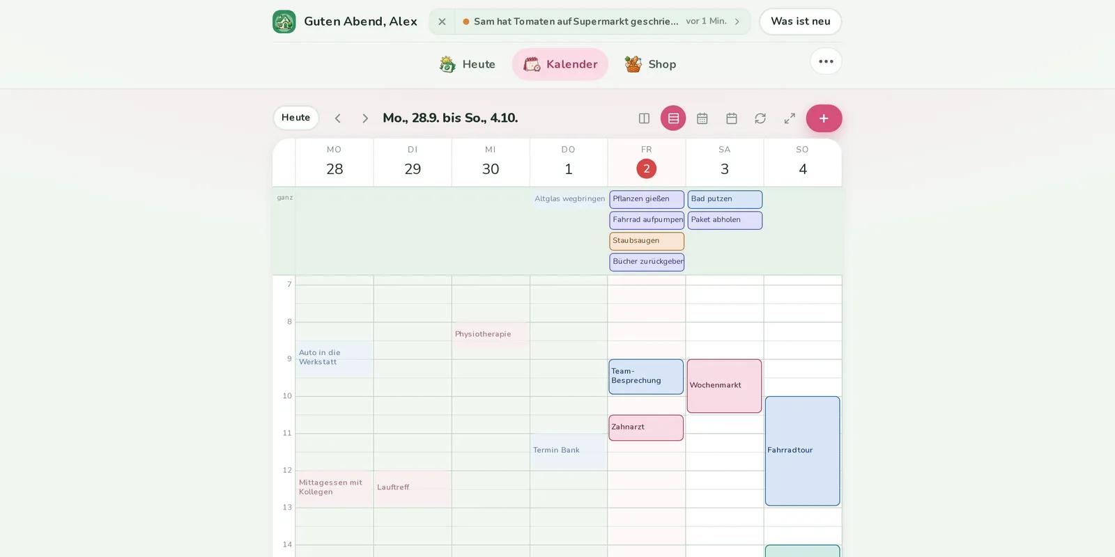 Family-App, Ausschnitt der Website: Gemeinsamer Kalender