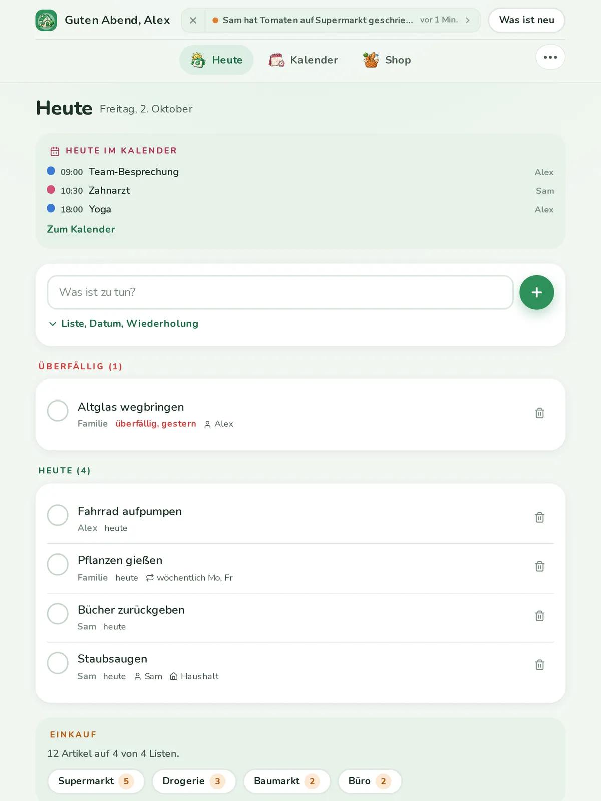 Family-App, Ansicht auf dem Tablet
