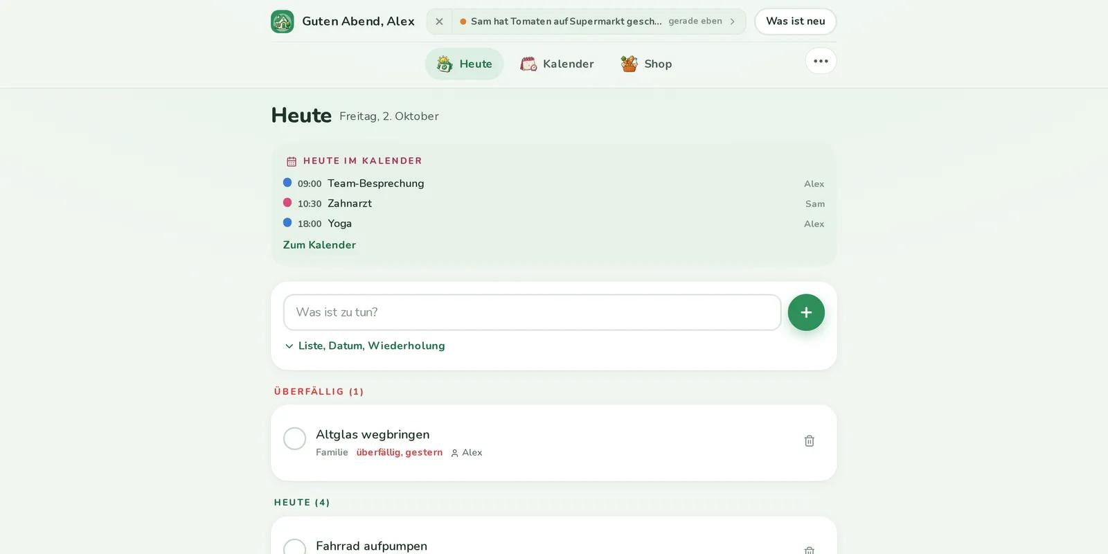 Family-App, Ausschnitt der Website: Die Heute-Ansicht
