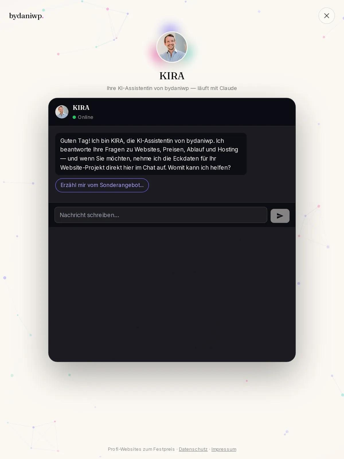 KIRA, die KI-Assistentin von bydaniwp, Ansicht auf dem Tablet