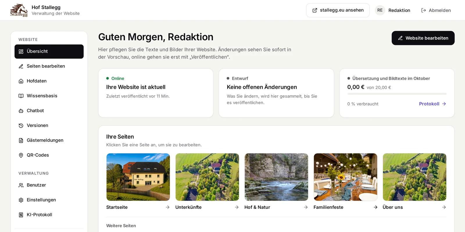 Hof Stallegg, Ausschnitt der Website: Verwaltung: Seiten, Hofdaten und Wissensbasis an einem Ort