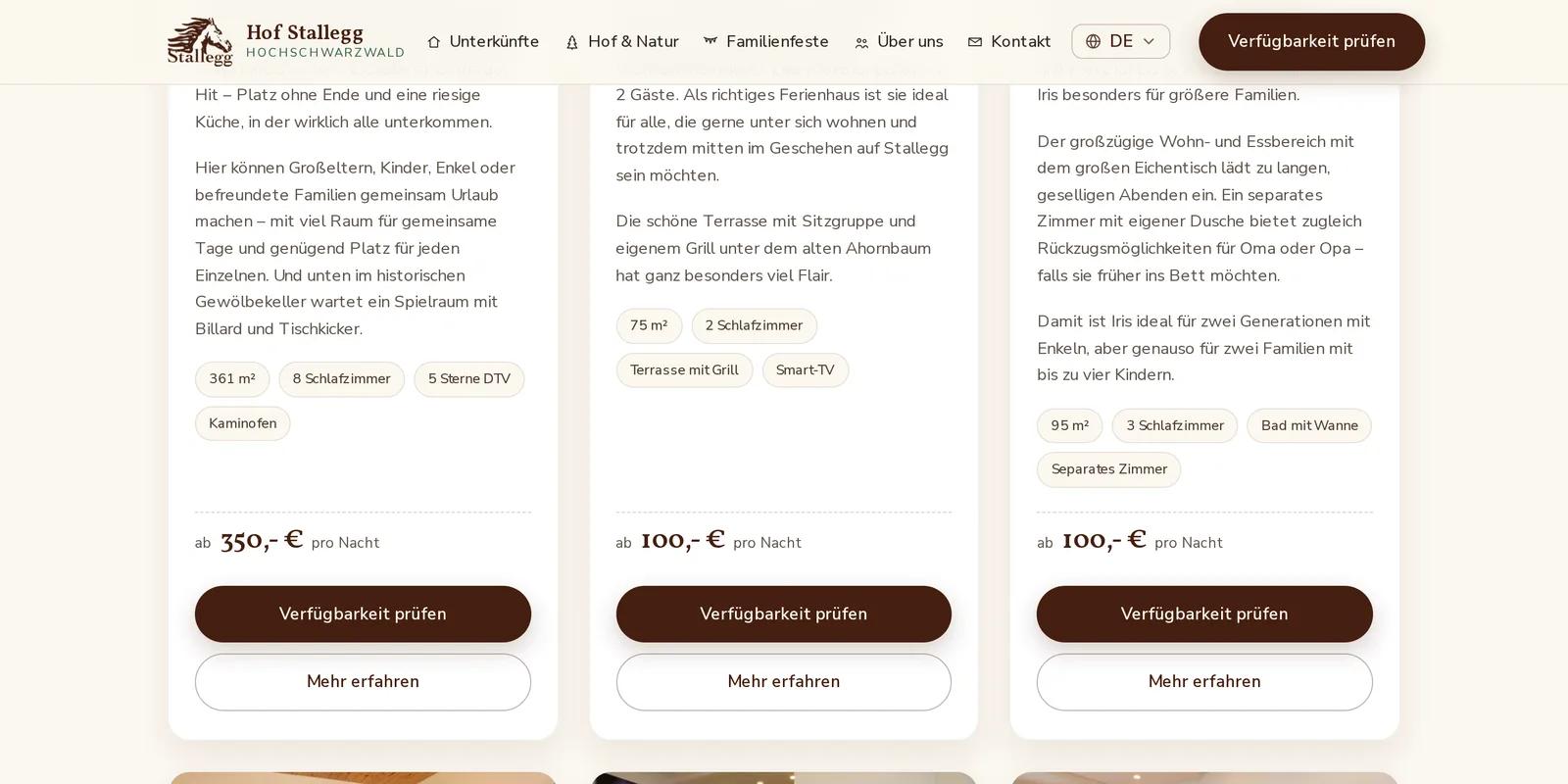 Hof Stallegg, Ausschnitt der Website: Unterkünfte mit Ab-Preisen