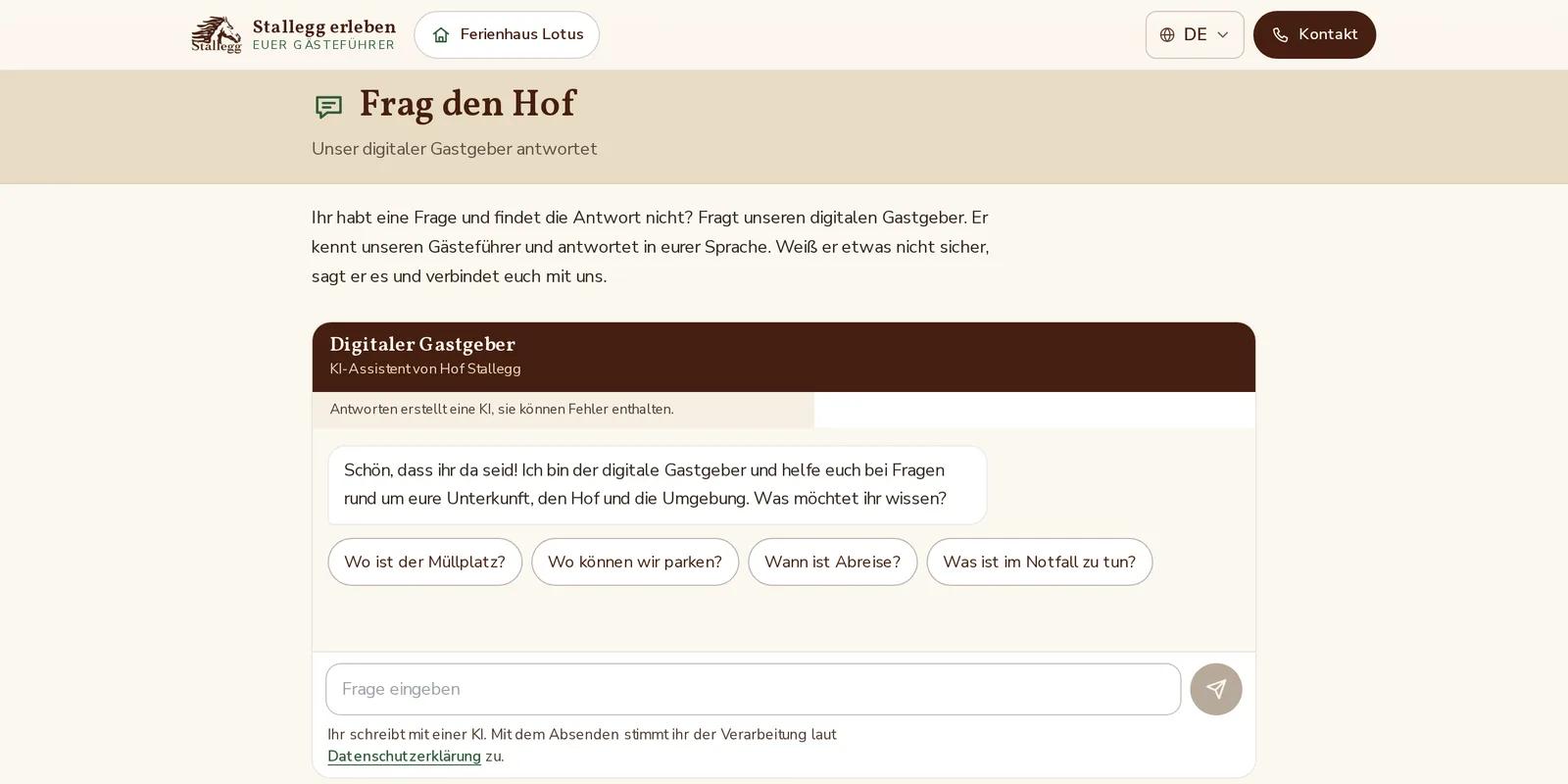 Hof Stallegg, Ausschnitt der Website: Der digitale Gastgeber im Chat