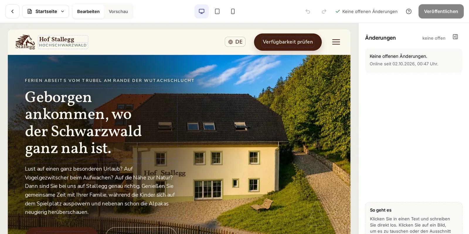 Hof Stallegg, Ausschnitt der Website: Live-Editor auf der Startseite