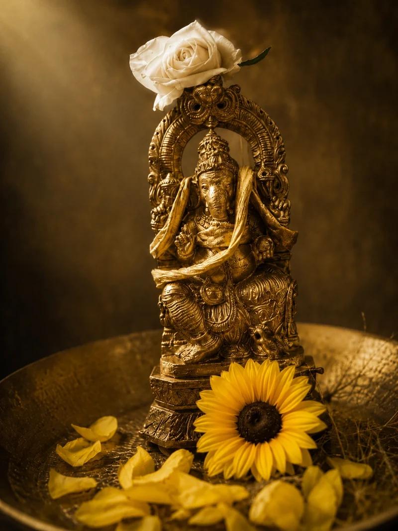 Tantra Householder – Ganesha Statue mit Blumen, Symbol für Transformation im Alltag